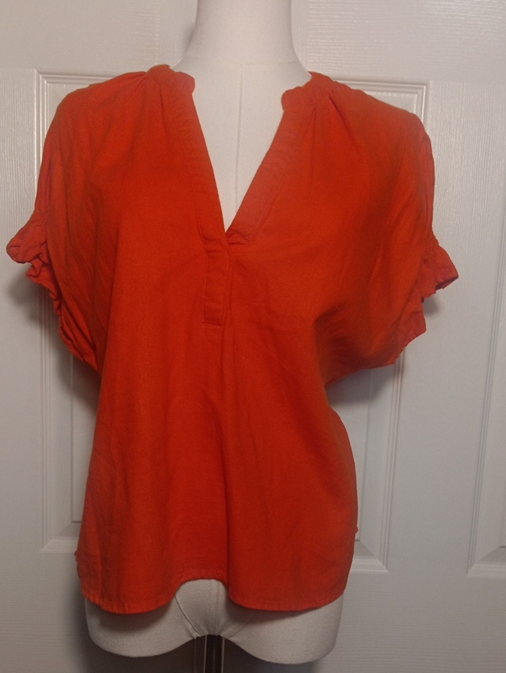 Marc New York Women's Puff Sleeve Blouse Bold Bright Orange V-Neck Top Medium